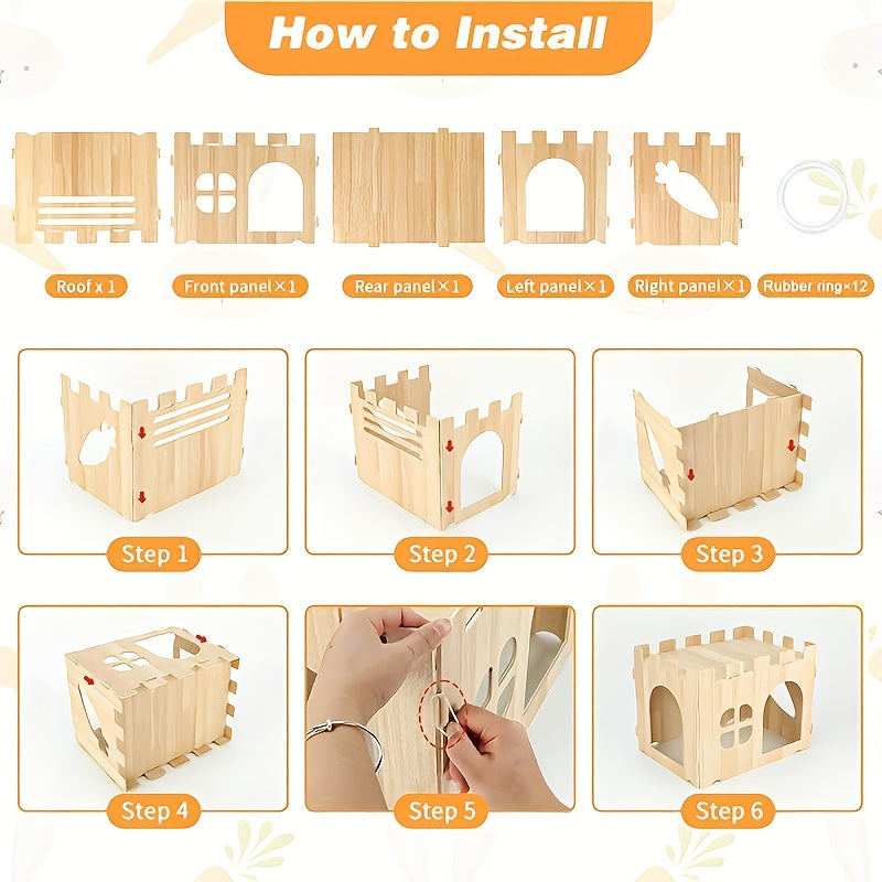 Wooden Rabbit Castle Hideout with Detachable Interlocking Design, Small Animal House for Indoor Habitat Enrichment, Hiding and Exploration