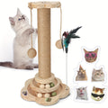 Cat Scratching Post Activity Center with 2-Level Ball Track, Sisal Rope, Pinewood Base, Feather Toy and Hanging Balls for Indoor Cats