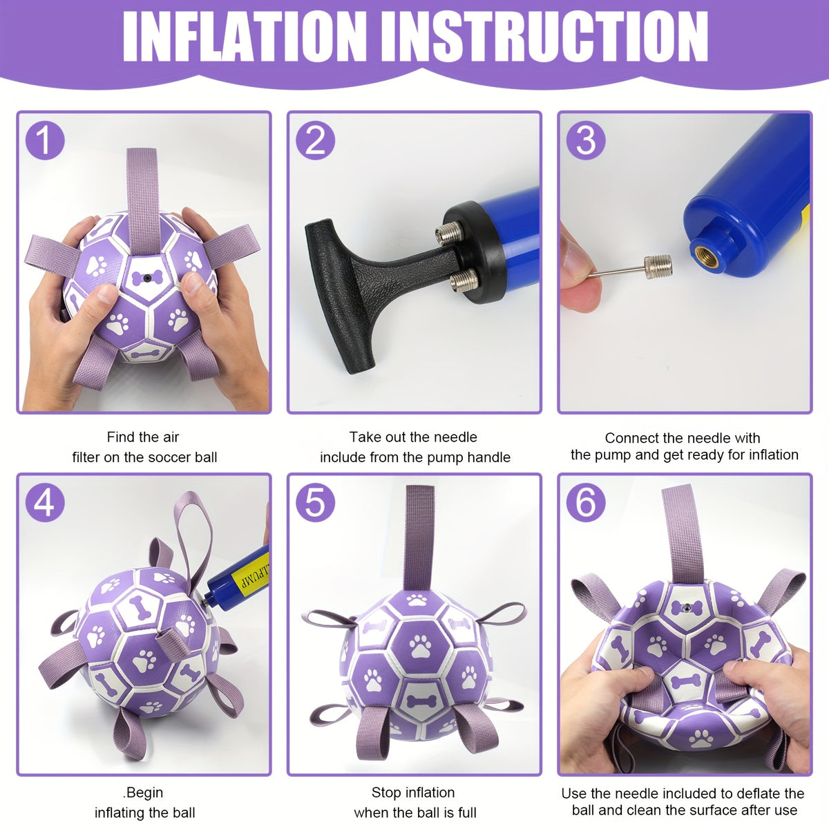 Dog Fetch Ball with Grab Straps, Purple and Gray Paw and Bone Soccer-Style Toy with Pump for Supervised Tug Games, Outdoor Play and Dog Birthday Gifts