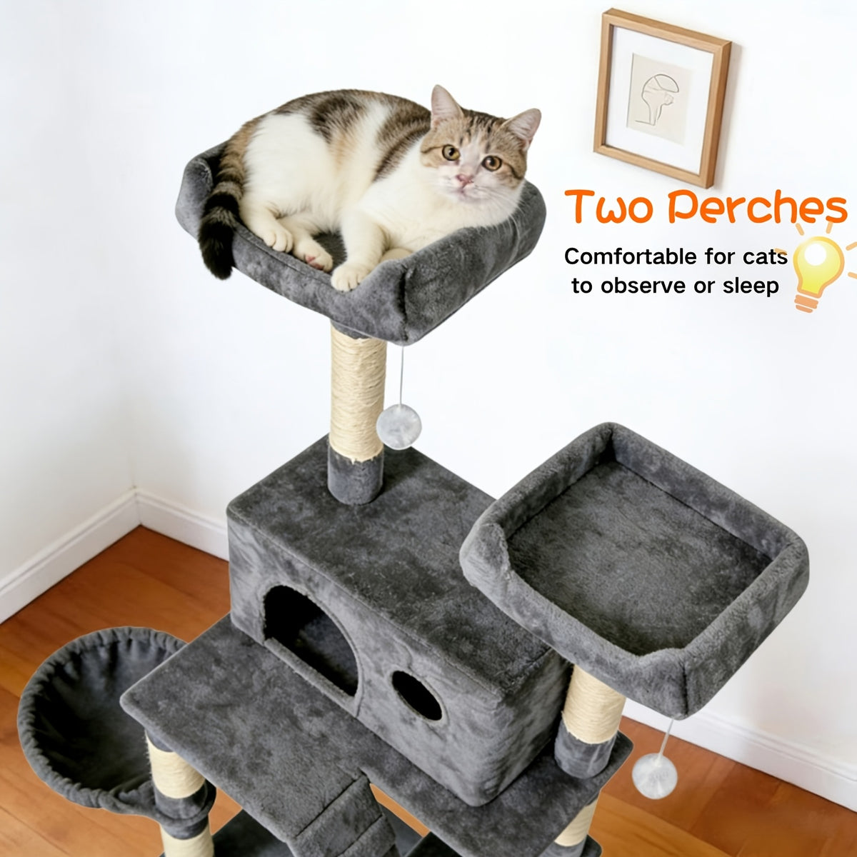 Cat Tree with Wide Base, 52.5 to 70 Inch Multi-Level Indoor Cat Tower with Plush Condo, Hammock and Sisal Scratching Posts for Climbing and Rest