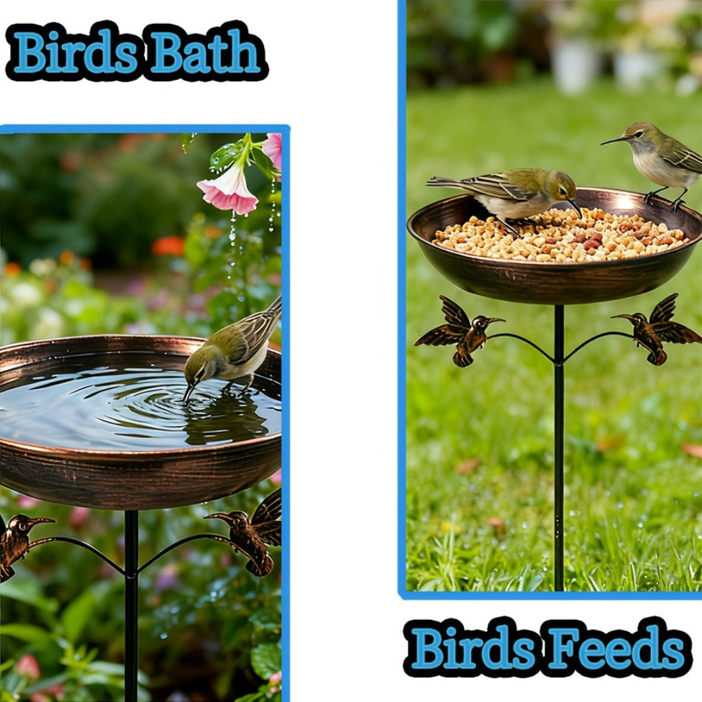 Standing Metal Bird Bath in Copper Tone with Bird Accent, Vintage Bowl-Shaped Outdoor Water Basin for Garden, Yard, Patio and Lawn Decor