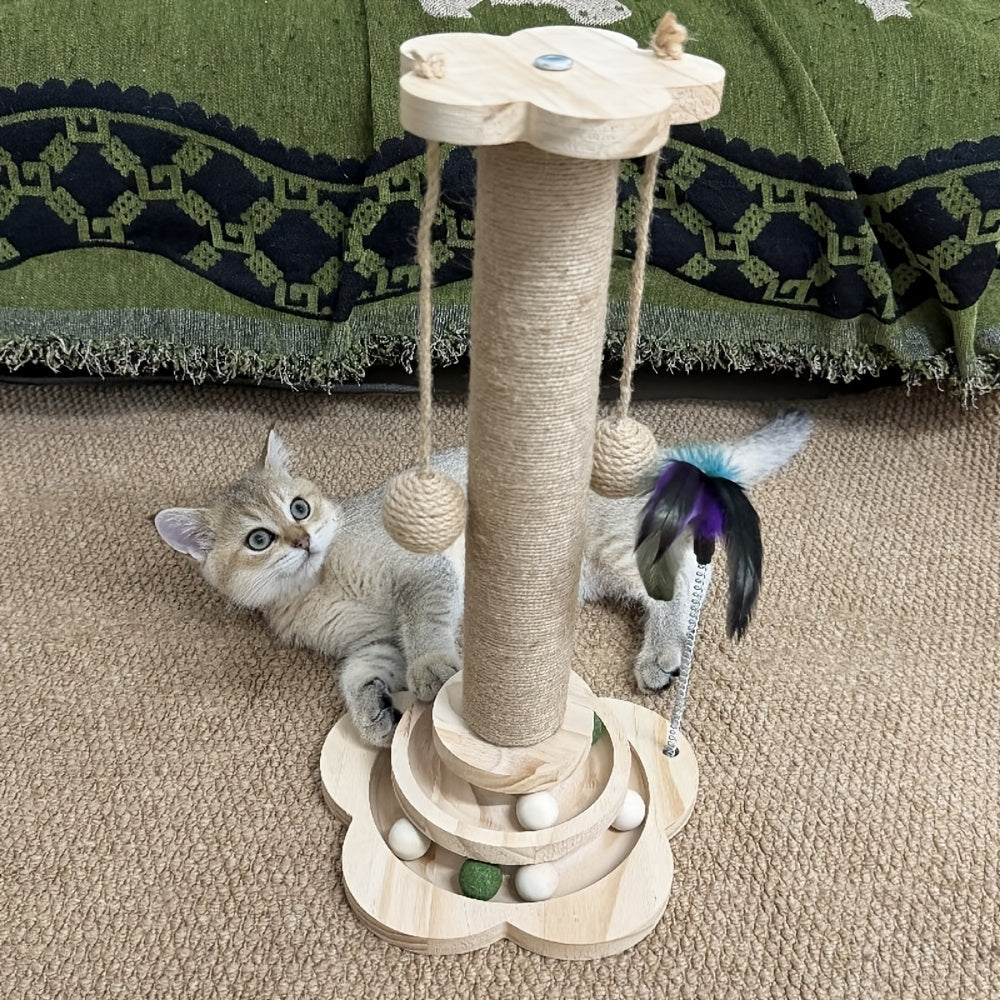 Cat Scratching Post with Ball Track, 18.1 Inch Sisal Scratcher with Hanging Balls and Feather Toy for Indoor Cats and Kittens, Brown