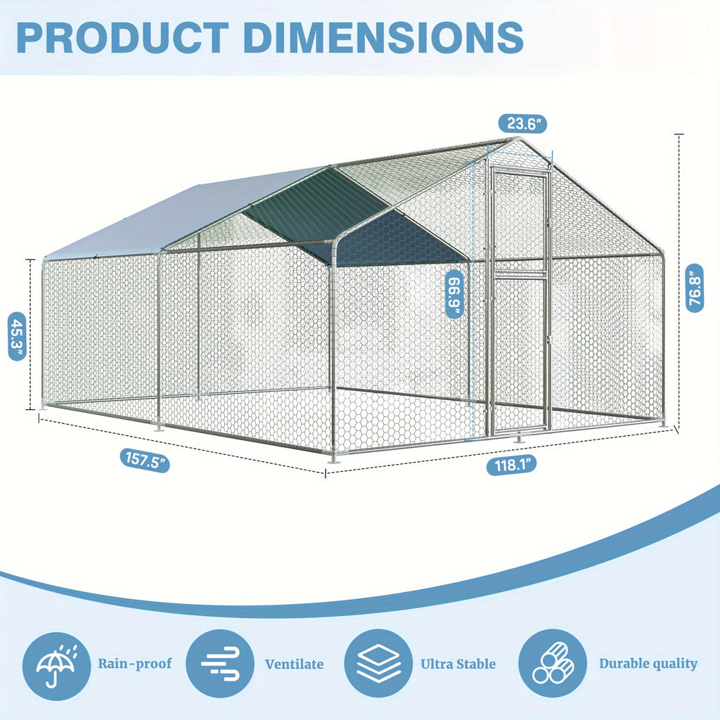 Outdoor Chicken Coop with Double Doors and UV Protection Cover, Large Metal Walk-In Poultry Run for Backyard Hens, Five Size Options