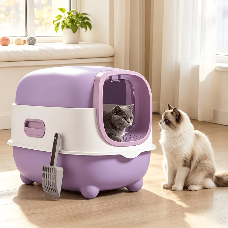 Hooded Cat Litter Box with Scoop, Fully Covered Spill-Reducing Indoor Kitty Toilet for Easy Daily Cleaning and Setup, Purple or Blue