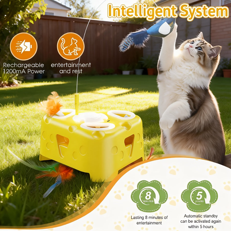 Interactive Cat Toy with Cheese-Shaped Base, 6-Hole Pop-Up Feathers and Flying Bird Wand, USB Rechargeable 3-Mode Toy for Indoor Cat Play
