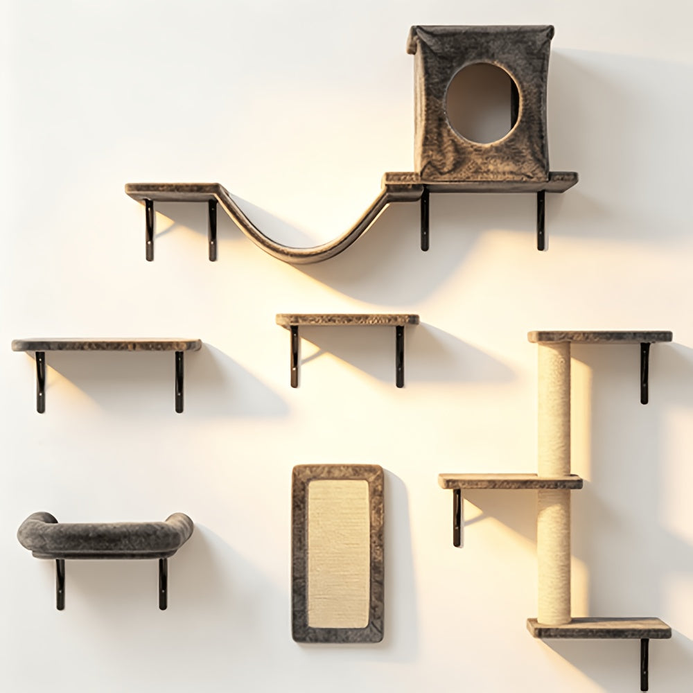 Cat Climbing Wall Shelves Set, Wall-Mounted Indoor Cat Furniture with Condo, Scratching Post, Bridge Ladder and Tunnel for Play and Rest