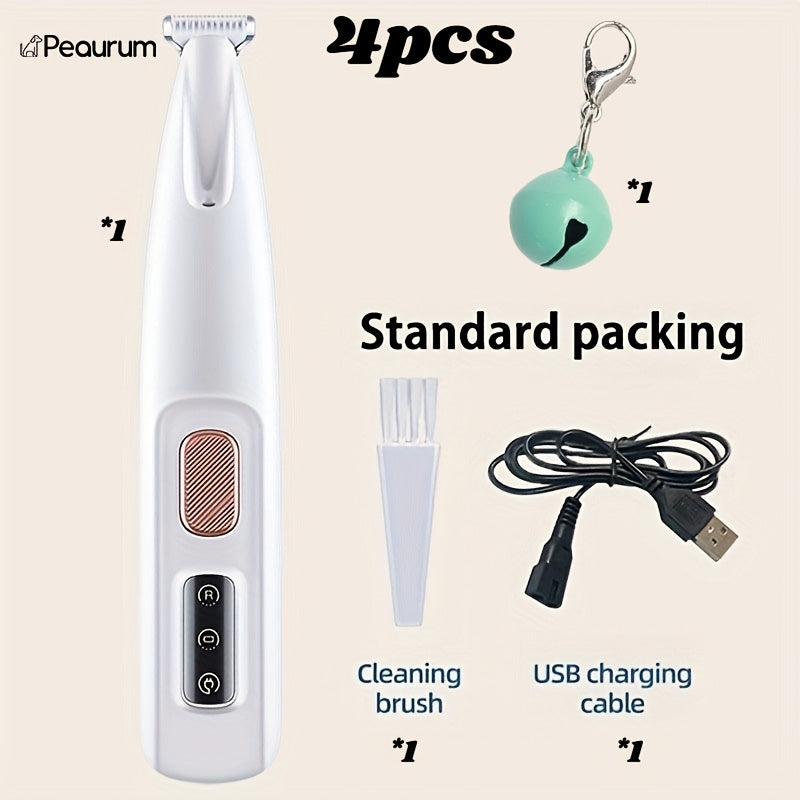 Low-Noise Pet Hair Clippers with LED Light, 4-Piece Cat and Small Dog Grooming Kit with USB Cable, Cleaning Brush and Bell for Home Trimming