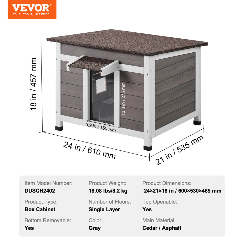 Fir Wood Outdoor Cat House with Asphalt Roof, Acrylic Window and Removable PVC Door Flaps, 20 or 24 Inch Feral Cat Shelter with Cleaning Access