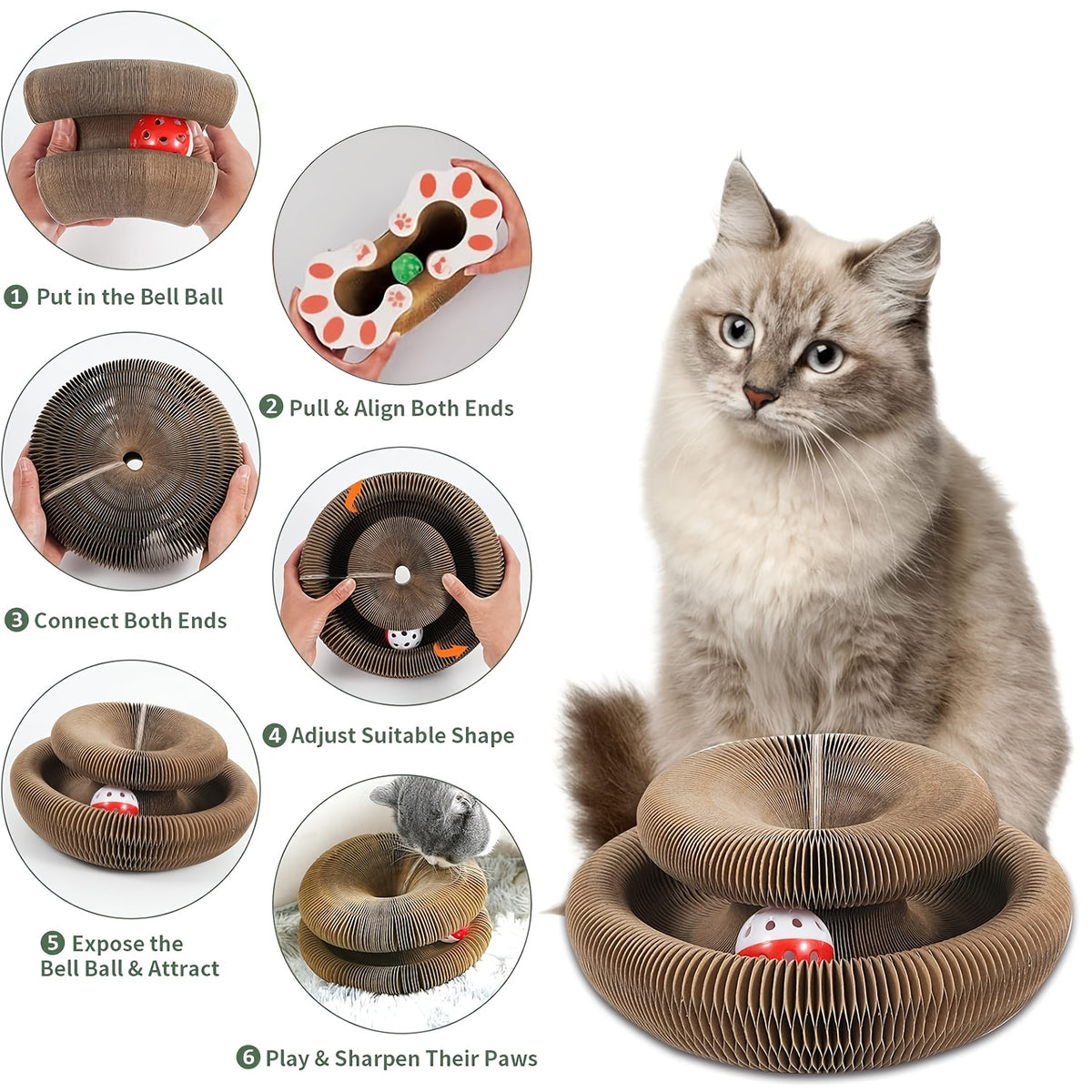 Expandable Cat Scratcher Toy 2-Pack, Curly Corrugated Cardboard Scratching Board with Ball for Indoor Cats, Retractable Scratch Pad for Daily Play