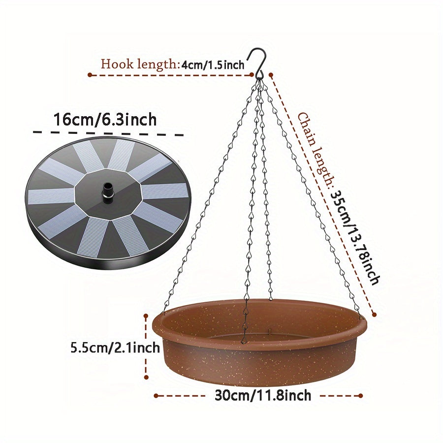 Hanging Solar Bird Bath Fountain with 30 cm Basin, Solar Water Pump and Spray Nozzles for Outdoor Garden, Patio and Backyard Decor