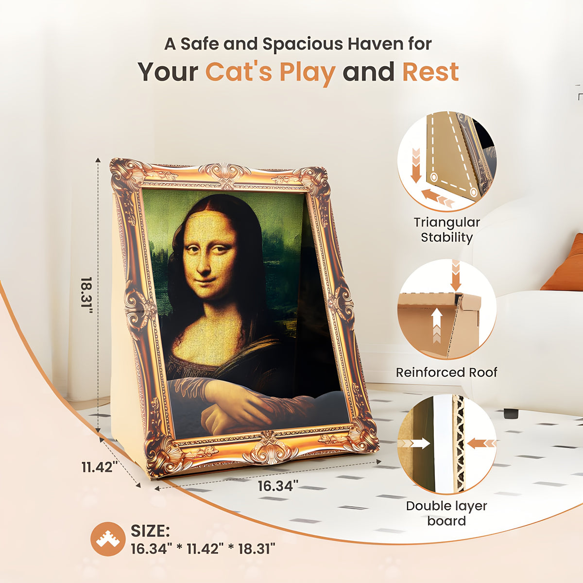 Mona Lisa Cat Scratcher Bed with Art Frame, Easy-to-Assemble Cardboard Cat Condo for Indoor Scratching, Resting and Creative Home Decor