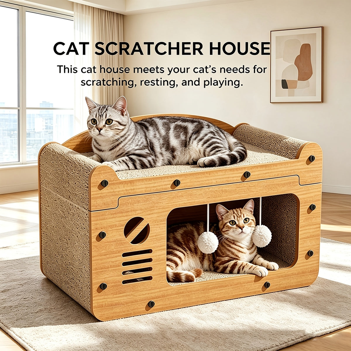Cat Scratcher House with Dual Openings, Brown Corrugated Cardboard Cat-Face Hideout Bed and Hanging Toy Balls for Indoor Cats to Scratch, Rest and Play