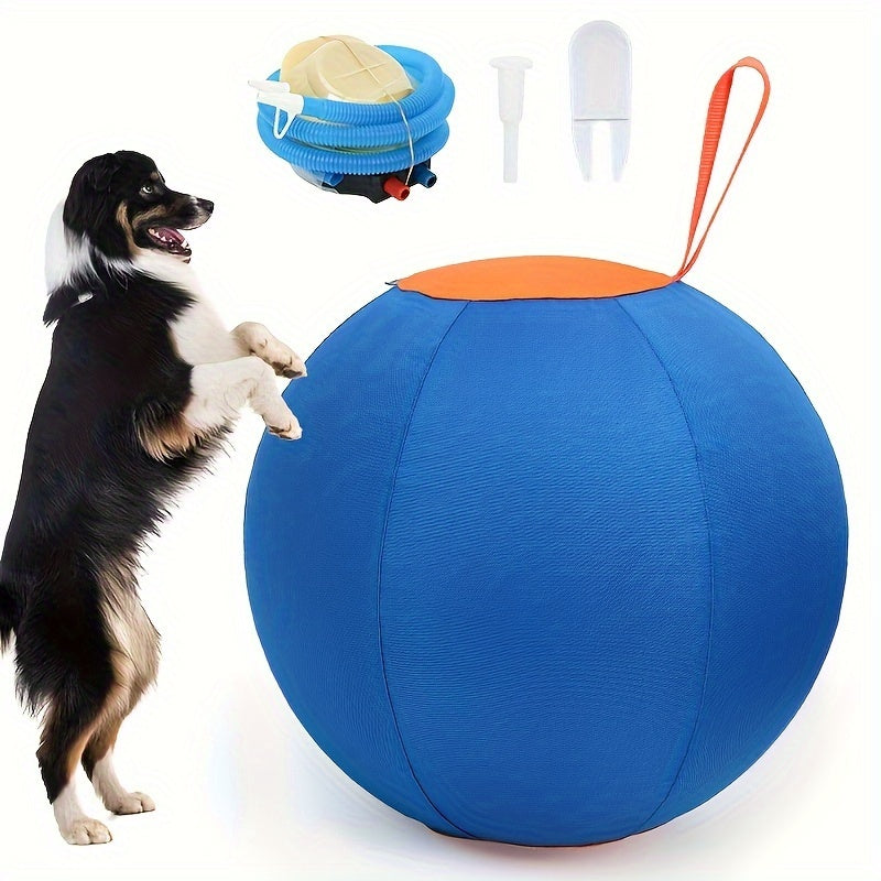 21.7 Inch Dog Herding Ball with Fabric Cover and Handle, Blue Orange Inflatable M Size Pet Training Toy for Supervised Backyard Push and Chase Games
