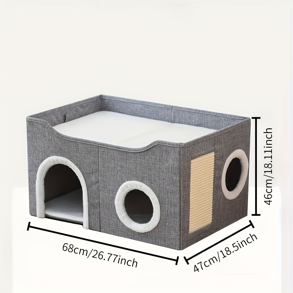 Foldable Cat Cube House for Indoor Cats, Canvas Hideaway Bed with Nylon Frame, Hanging Plush Ball and Four Style Options for Rest and Play