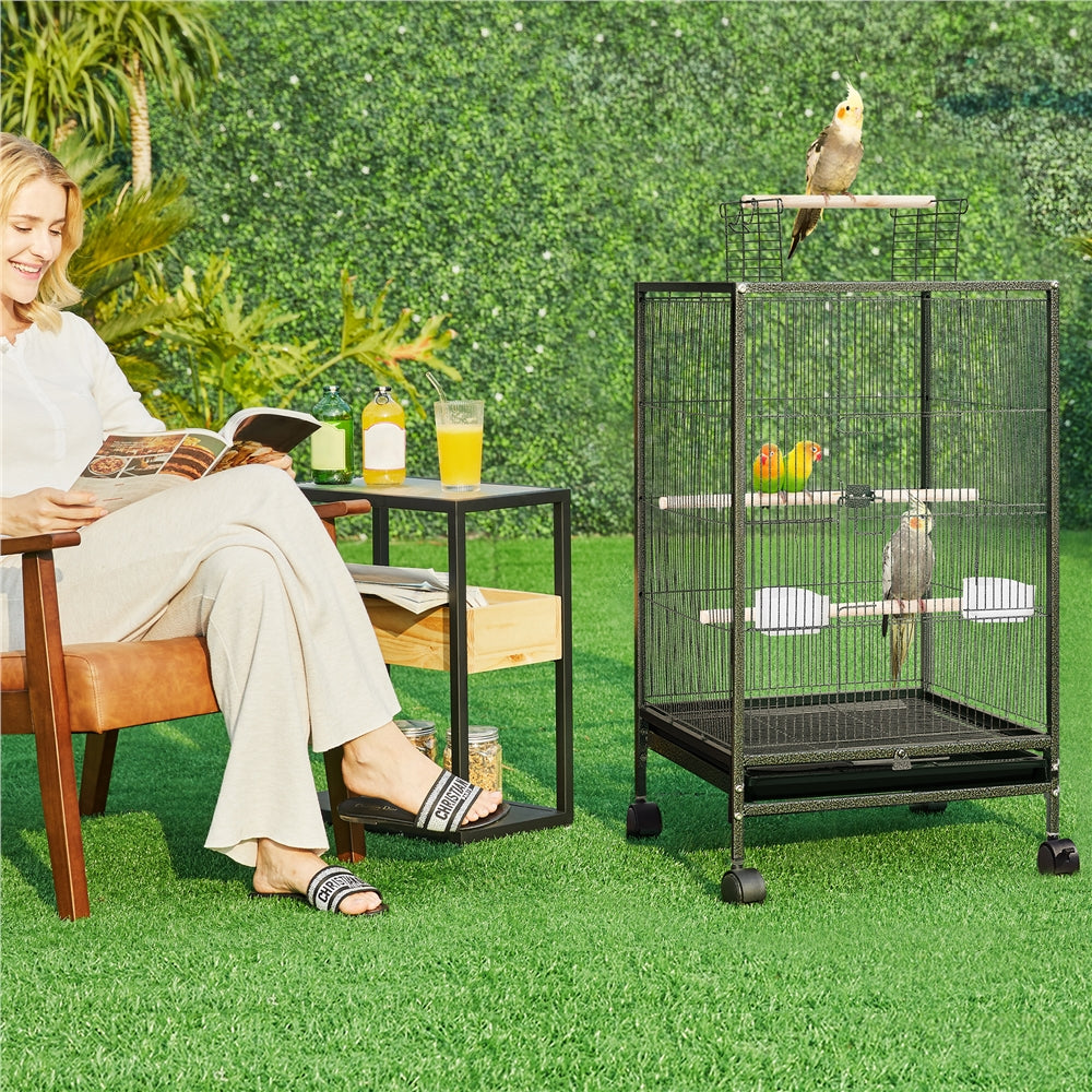 Bird Cage with Rolling Stand, 31-Inch Black Wrought Iron Open-Top Small Bird Habitat with Two Feeders, Three Perches and Slide-Out Tray