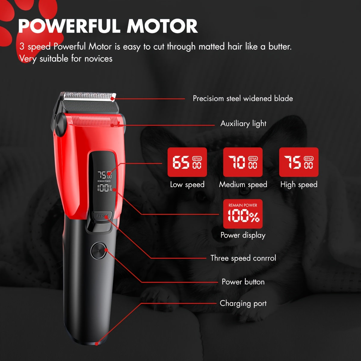 3-Speed Dog Clippers with LED Display and Auxiliary Light, Cordless Rechargeable Pet Grooming Kit with Six Guide Combs for Dogs and Cats