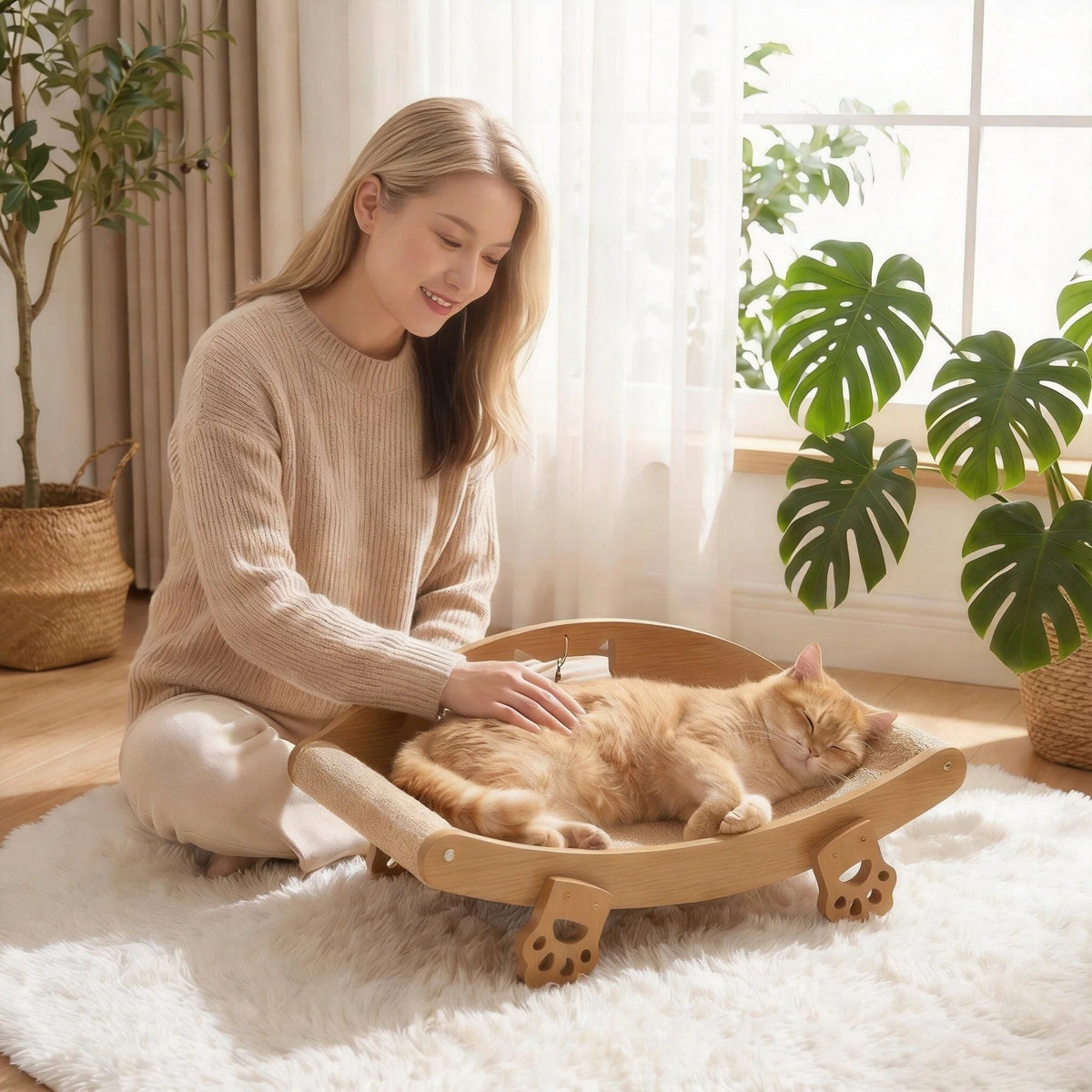 Cat Scratching Lounge with Hanging Ball Toy, Natural Sisal Pad and Solid Wood Curved Chair for Indoor Cats to Scratch, Stretch, Rest and Play