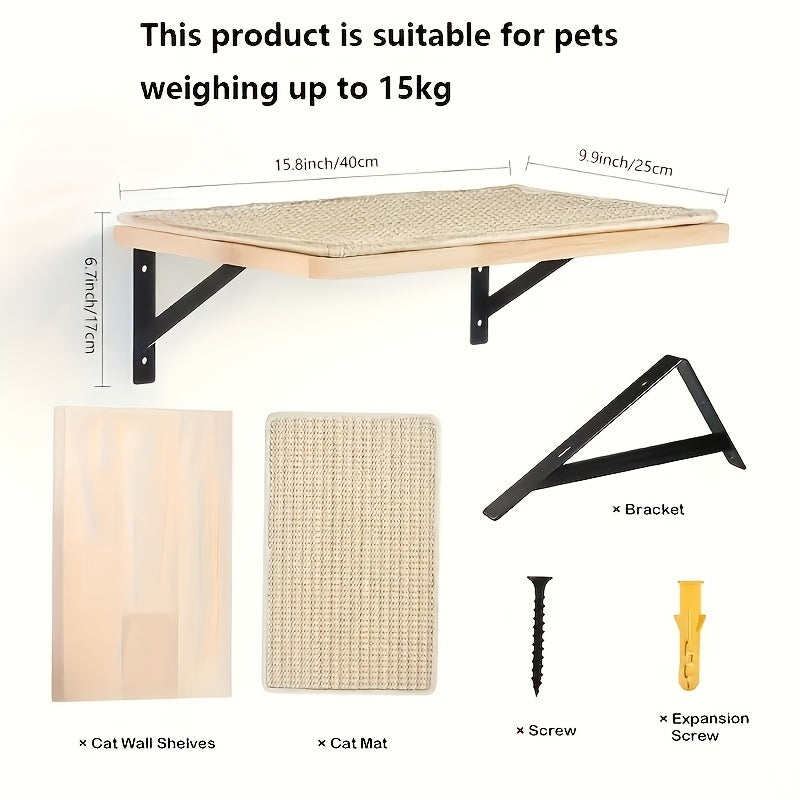 Cat Wall Shelf with Sisal Scratching Mat, Solid Wood Cat Perch with Metal Brackets for Indoor Climbing, Elevated Resting and Space-Saving Lounging