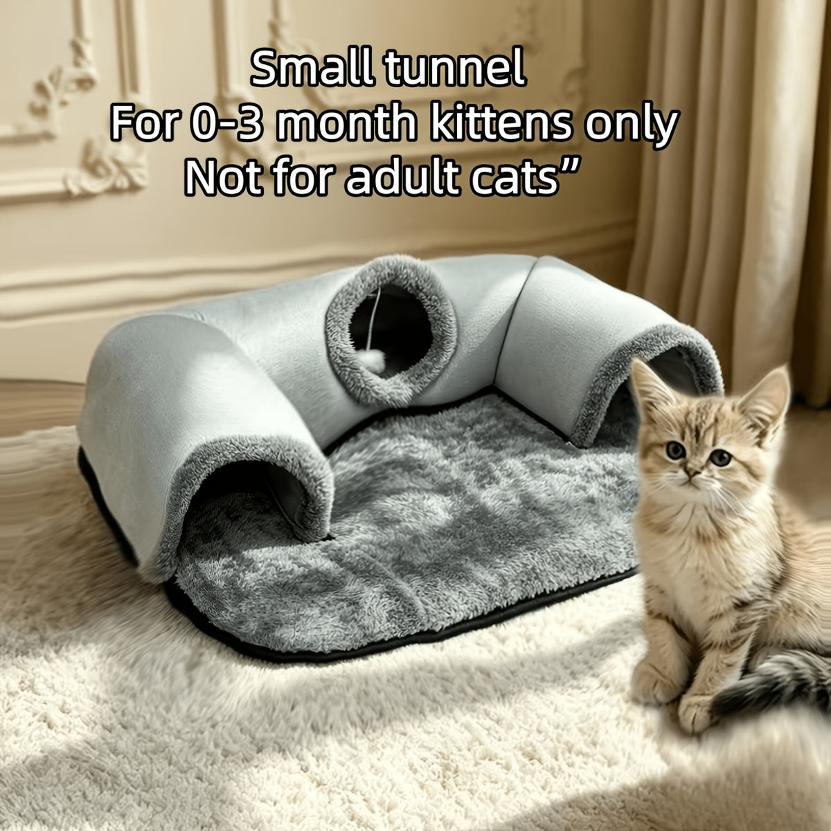 Arch Cat Tunnel Bed with Peekaboo Window and Hanging Ball, Soft Plush 2-in-1 Indoor Kitten Hideaway and Lounge Mat in Small or Large