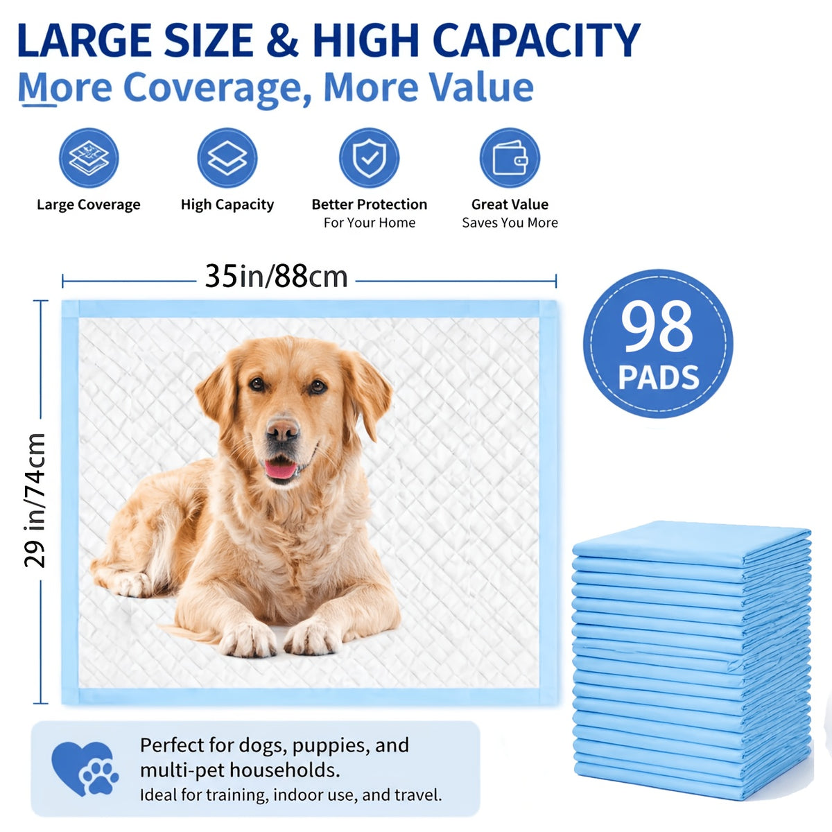 Disposable Puppy Pads with 6-Layer Absorbent Design, Heavy-Duty 125 Count or 35 x 29 Inch 98+2 Pack Options for Indoor Dog Potty Training