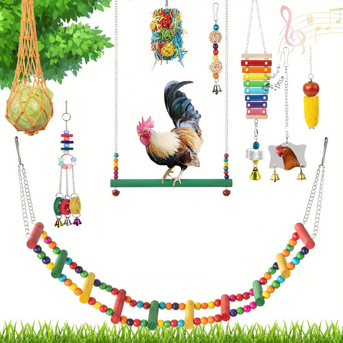 Chicken Coop Toy Set in 5 or 9 Piece Options, Hanging Poultry Enrichment Accessories for Backyard Hens, Coop Activity and Chicken Keeper Gifts