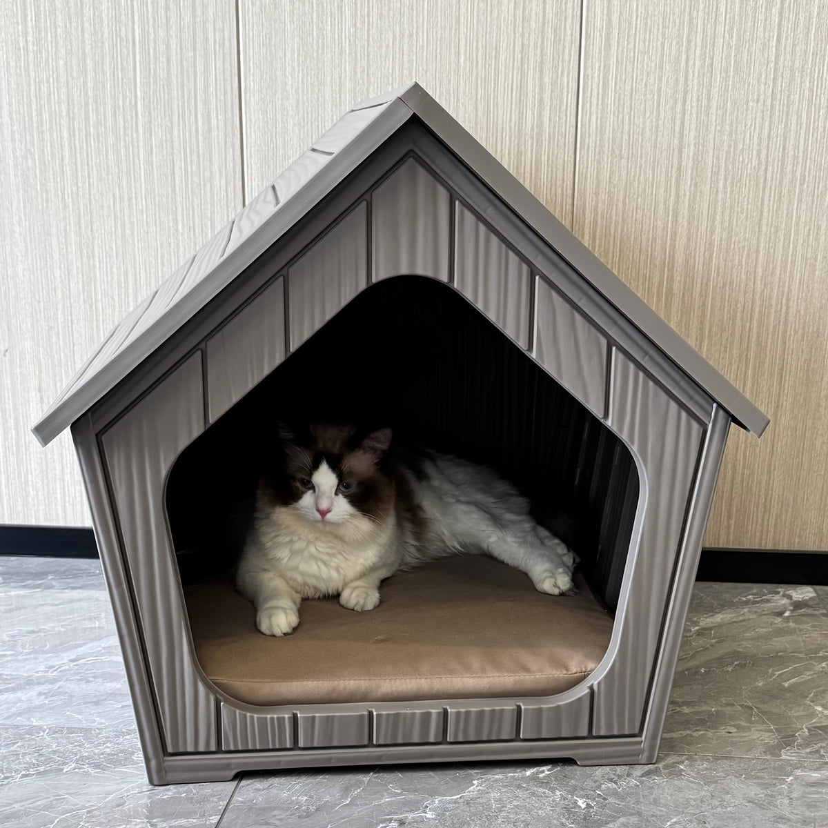 Resin Cat House with Raised Floor and Roof, XL Listed Pet Hideaway for Indoor and Sheltered Outdoor Rest, Blue or Light Brown, Assembly Required