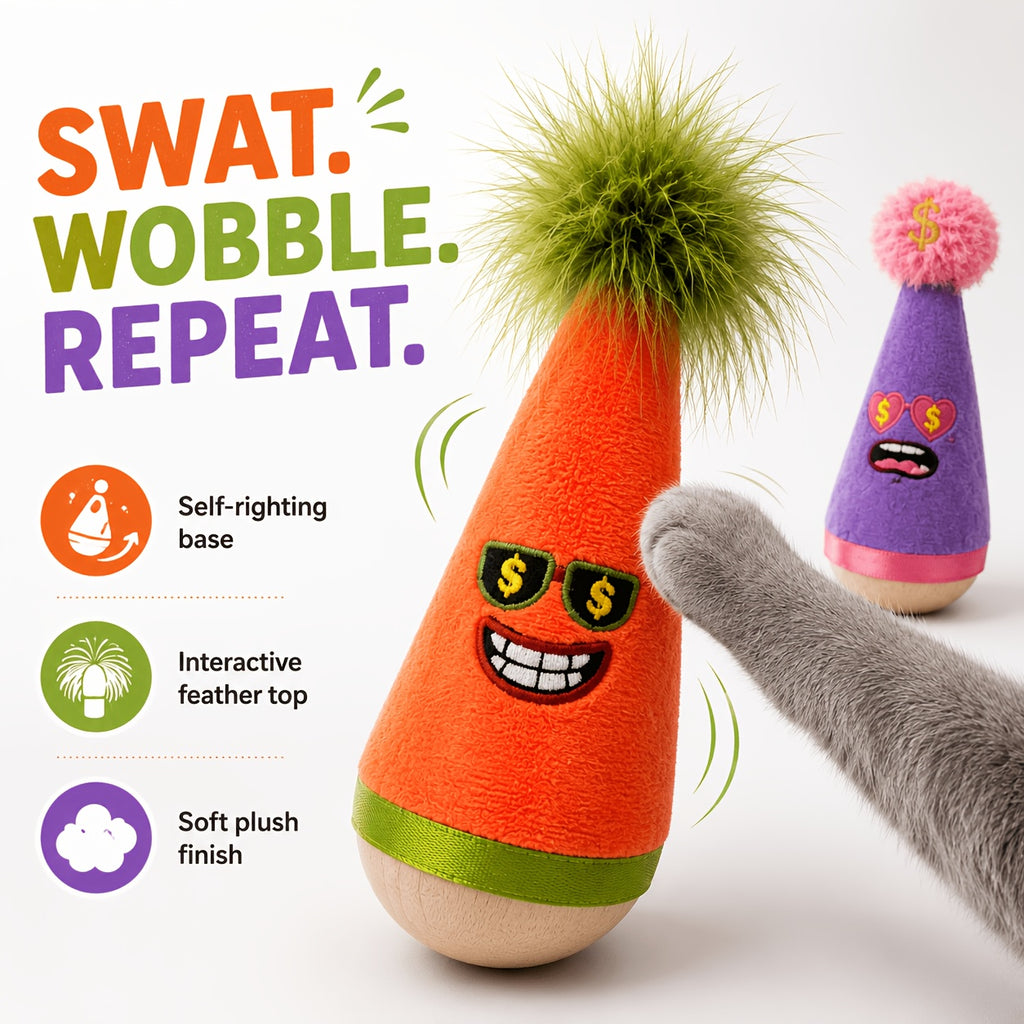 Cat Wobble Feather Toy with Cat Mint Powder, Interactive Hunting and Chasing Teaser for Indoor Kittens and Adult Cats, Purple or Red Styles