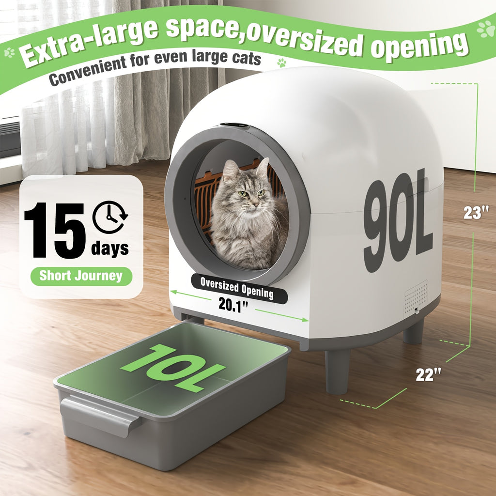 App-Controlled Self-Cleaning Cat Litter Box, 90L Interior with 10L Waste Compartment, Entry Step and Litter Mat for Multi-Cat Homes, CB00 White