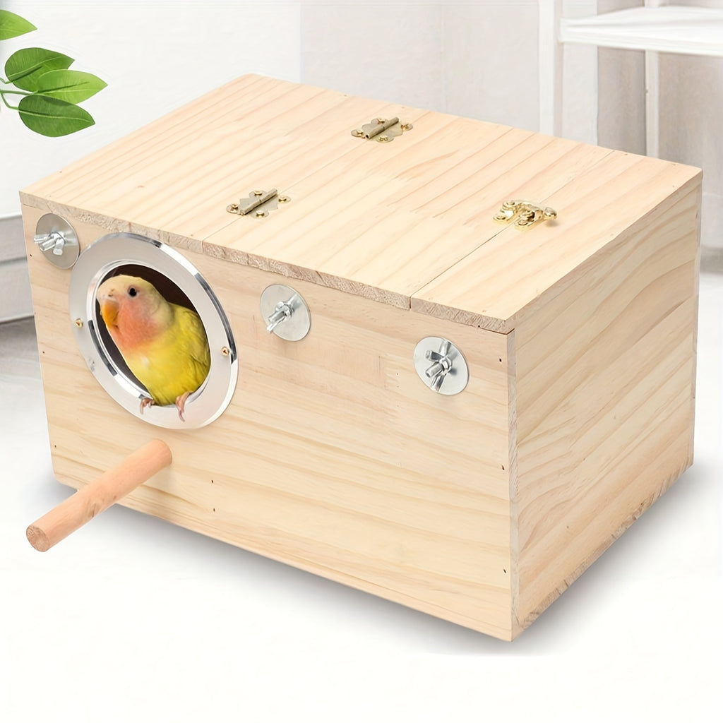 Parakeet Nest Box with Hinged Inspection Lid, Wooden Bird Breeding House with Metal-Rimmed Entrance and Perch, Compact Wood Color Cage Accessory