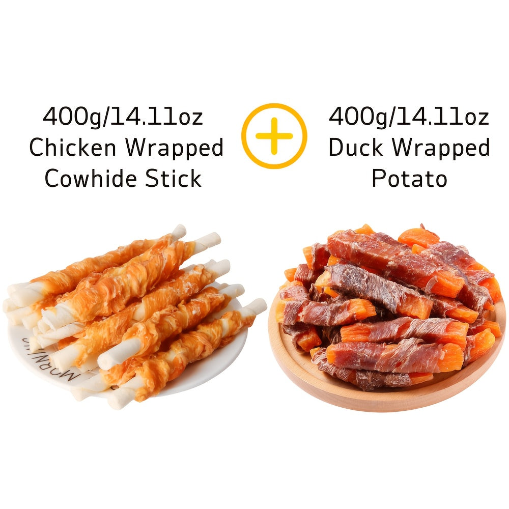 Dog Chew Treats Duo Packs, Chicken and Duck Jerky with Beef Chew Stick Options for Supervised Training Rewards, Everyday Snacks and Dog Gift Baskets