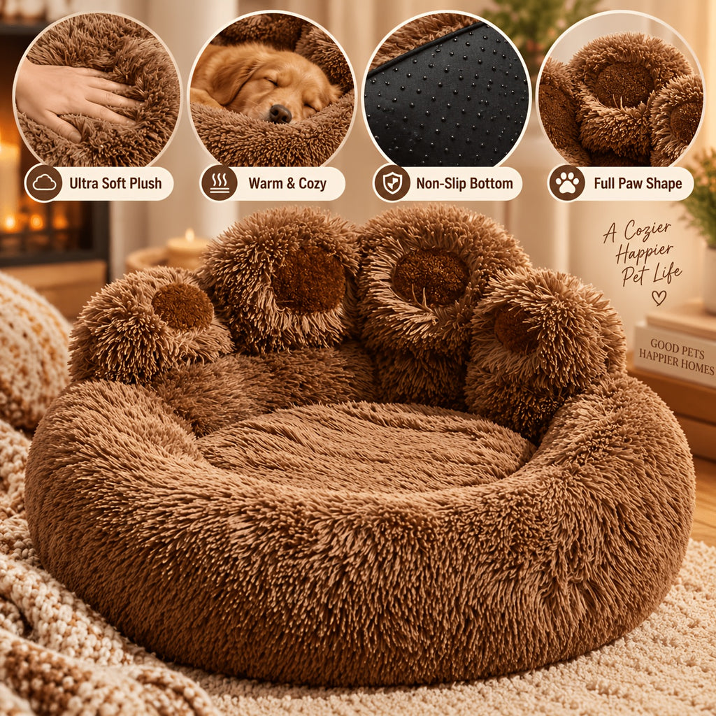 Donut Dog Bed with Bear Paw Design, Soft Plush Cuddler for Dogs and Cats, Cozy Indoor Sleeping Nest in Coffee Gray or Pink, 22 to 37 Inch Sizes