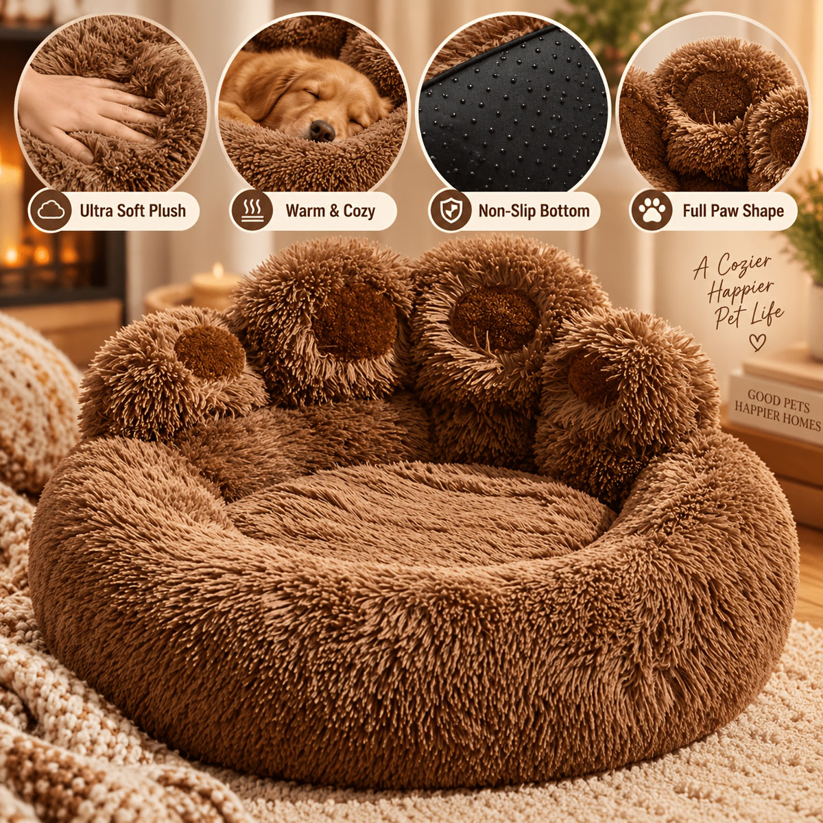 Donut Dog Bed with Bear Paw Design, Soft Plush Cuddler for Dogs and Cats, Cozy Indoor Sleeping Nest in Coffee Gray or Pink, 22 to 37 Inch Sizes