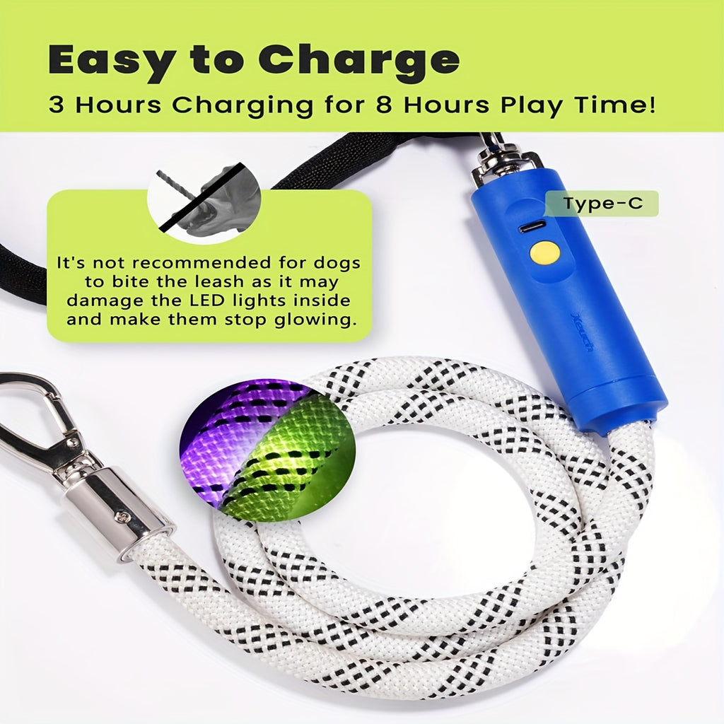 LED Dog Leash 4ft with 13 Lighting Modes, Type-C Rechargeable Light Up Walking Lead with Padded Handle and Swivel Hook for Evening Outings
