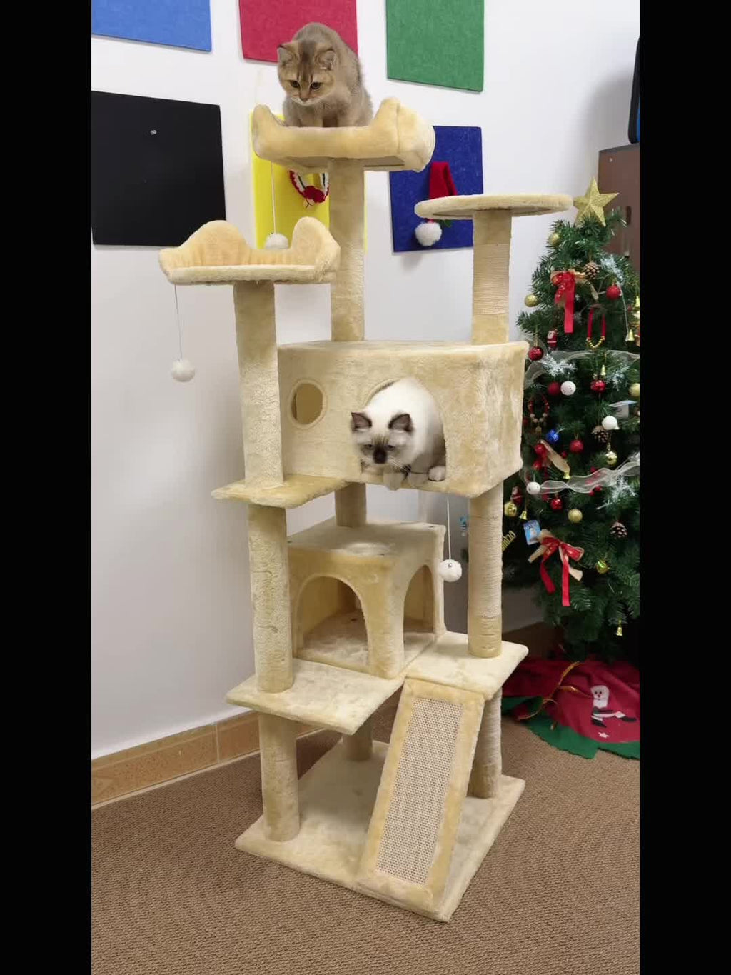 Cat Tree with Climbing Ramp for Indoor Cats, Multi-Level Plush Tower with Sisal Scratching Posts, Cozy Beds, Hanging Toys and Anti-Tip Design