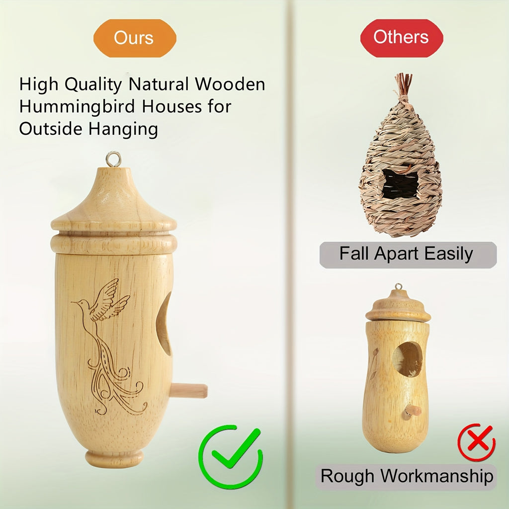 Wooden Hummingbird House 3 Pack for Outdoor Hanging, Natural Wood Garden Decorations and Backyard Accents, Gardening Gifts for Bird Lovers