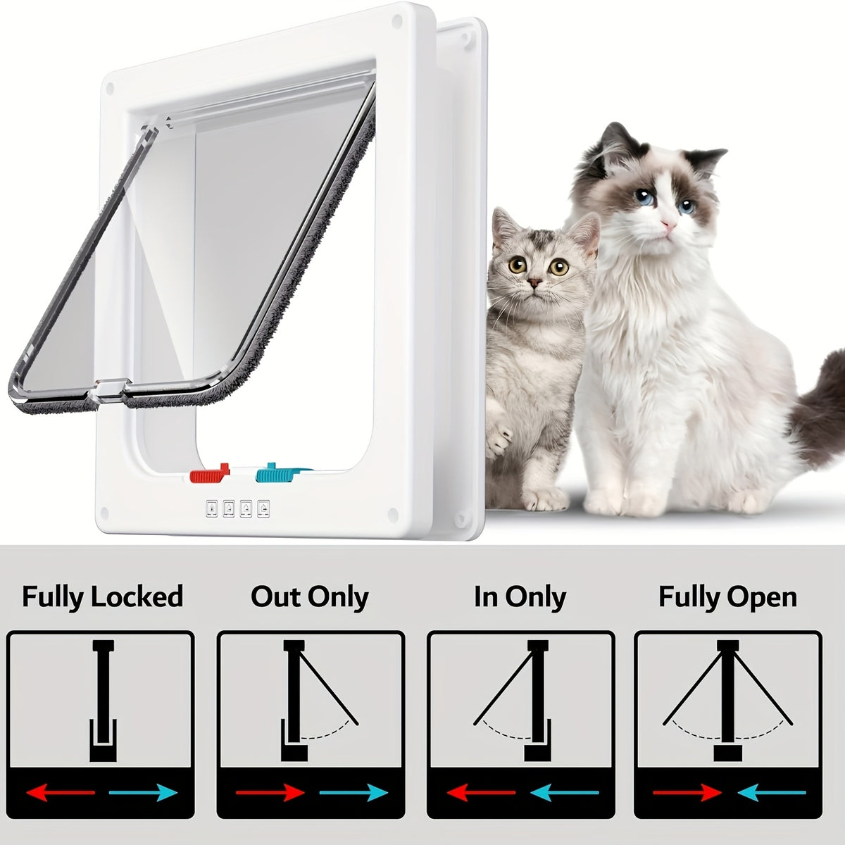 Cat Door with 4-Way Lock, Weatherproof Pet Flap for Cats and Dogs with Bonus Rainbow Ball Toy, M L XL Sizes in White, Black or Coffee