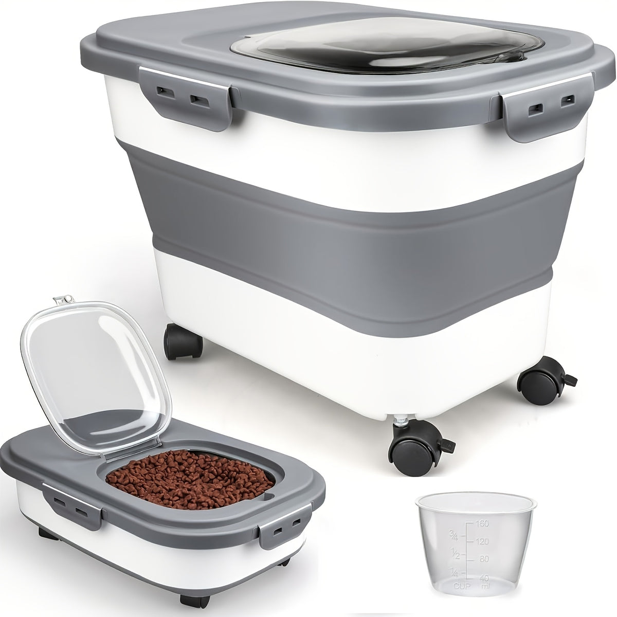 Foldable Dog Food Storage Container with Wheels, Airtight Pet Kibble Bin with Measuring Cup and Scoop, 5-30 lb Capacity for Dogs and Cats