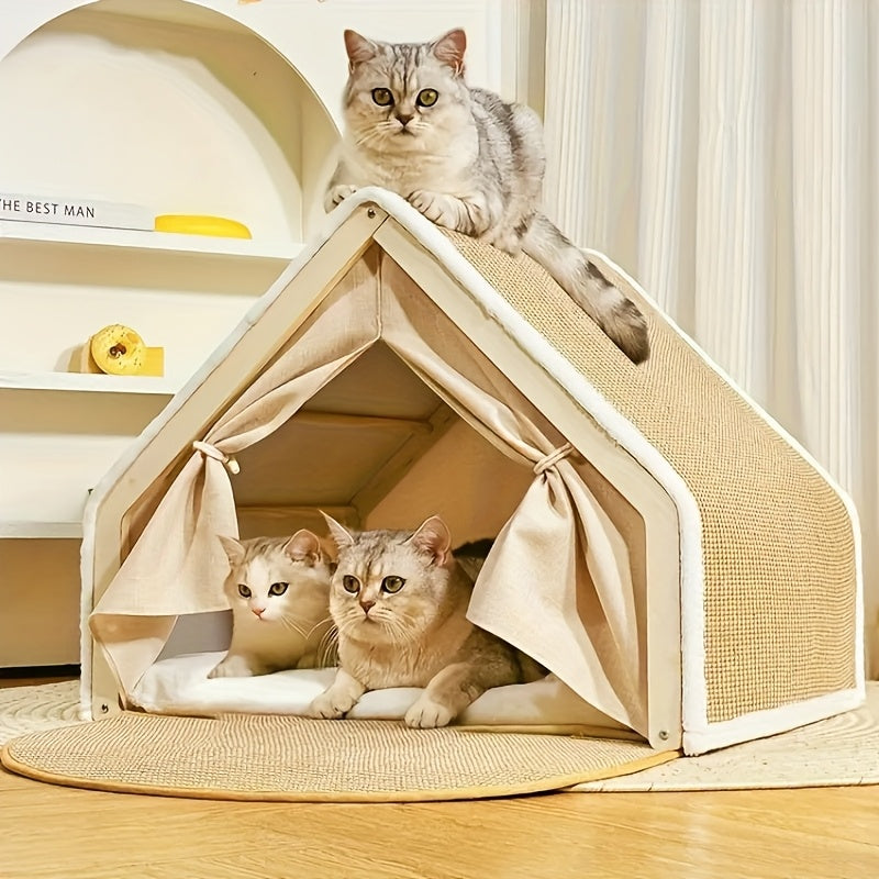 Shell Cat House with Scratching Pad, Semi-Enclosed Sisal Cat Tent for Small and Medium Indoor Cats, XL Listed Hideaway for Living Room or Bedroom