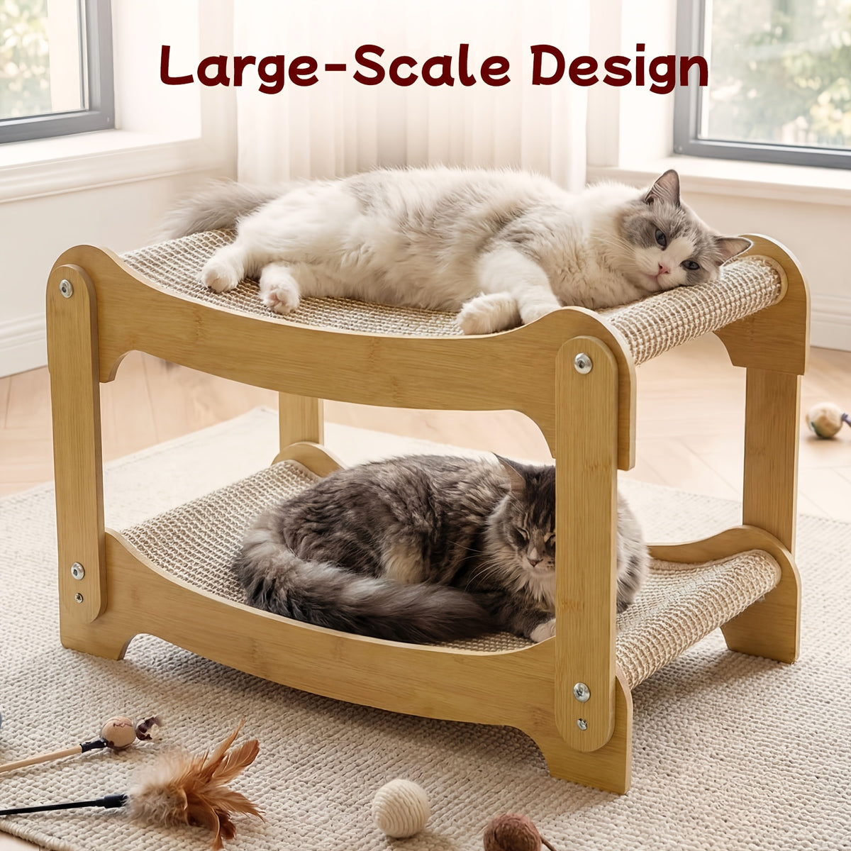 Cat Bunk Bed with Sisal Scratching Surfaces, Wooden Double-Decker Indoor Cat Lounger with Two Open Resting Levels, Large Size