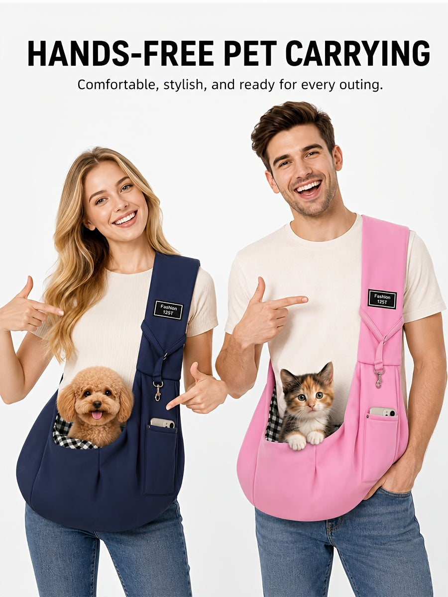 Reversible Dog Carrier Sling with Storage Pocket for 3-15 lb Small Dogs and Cats, Hands-Free Puppy Carrying Pouch in Pink or Blue for Outings