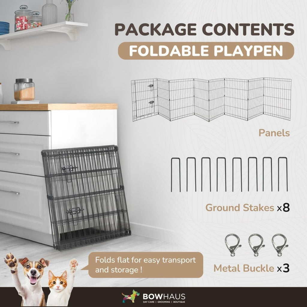 Dog Playpen with Gate and 8 Foldable Metal Panels, Portable Indoor Outdoor Exercise Fence for Small Dogs, 24 Inch and 36 Inch Size Options