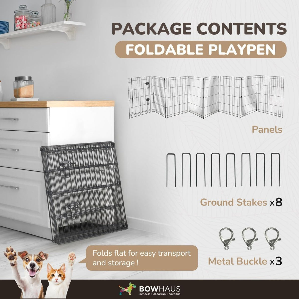 Dog Playpen with Gate and 8 Foldable Metal Panels, Portable Indoor Outdoor Exercise Fence for Small Dogs, 24 Inch and 36 Inch Size Options