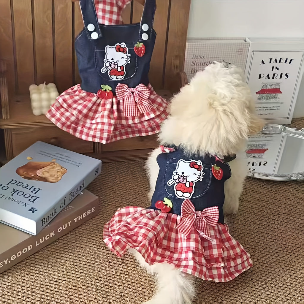 Denim Plaid Dog Dress for Small Dogs and Cats, Red Checkered Bow and Strawberry Appliques, Pleated Pet Party Outfit in XS to XL