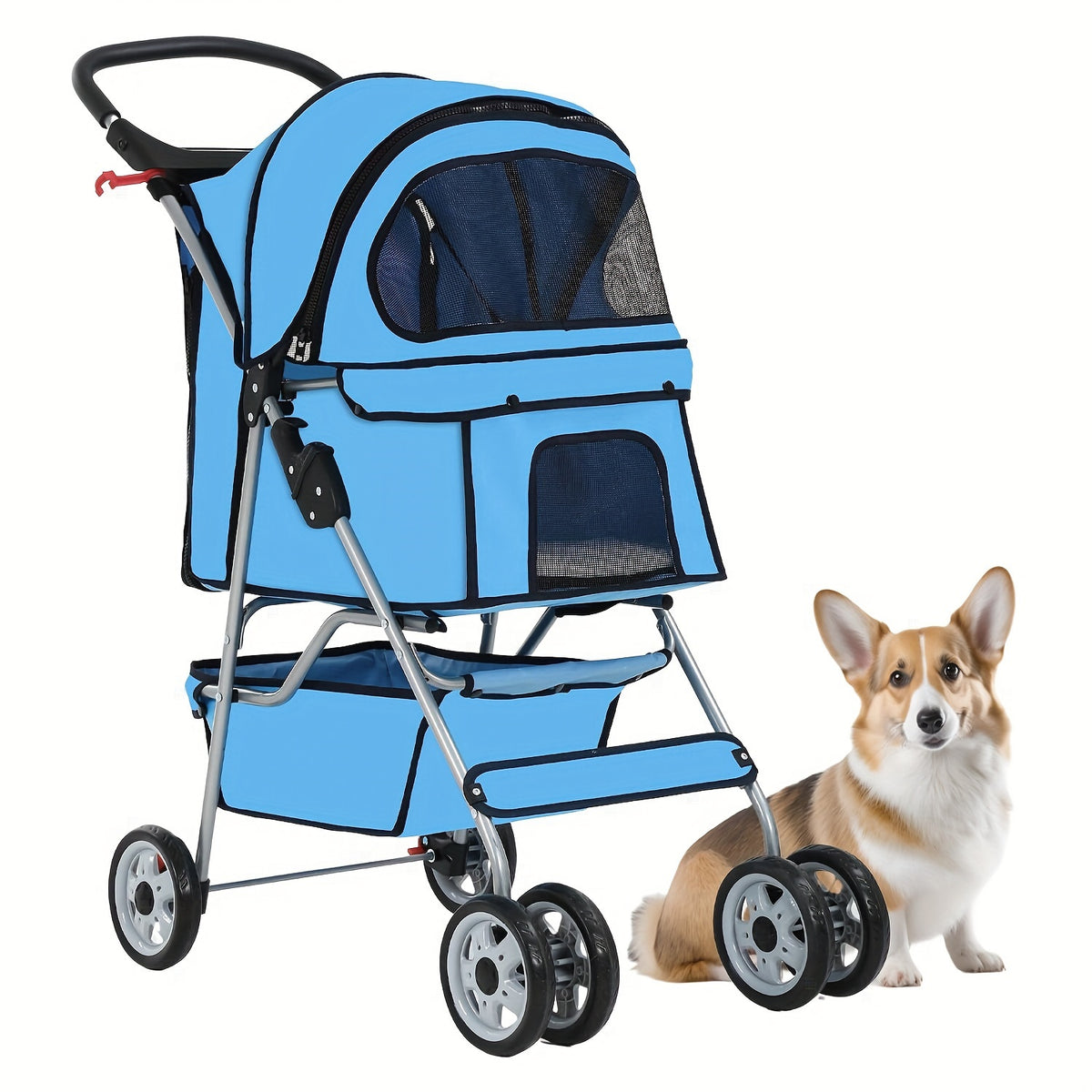 Pet Stroller with Four-Wheel Layout, Folding Frame and Mesh Canopy, Dog and Cat Pushchair with Storage Basket, Cup Holder and Removable Liner