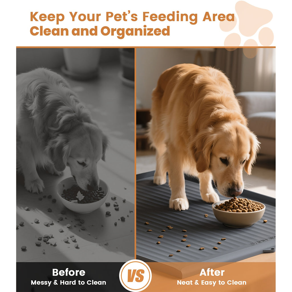 Large Dog Feeding Mat 36 x 24 Inches, Grey Waterproof Pet Bowl Placemat with Raised Edges, Grooved Surface and Roll-Up Design for Food and Water