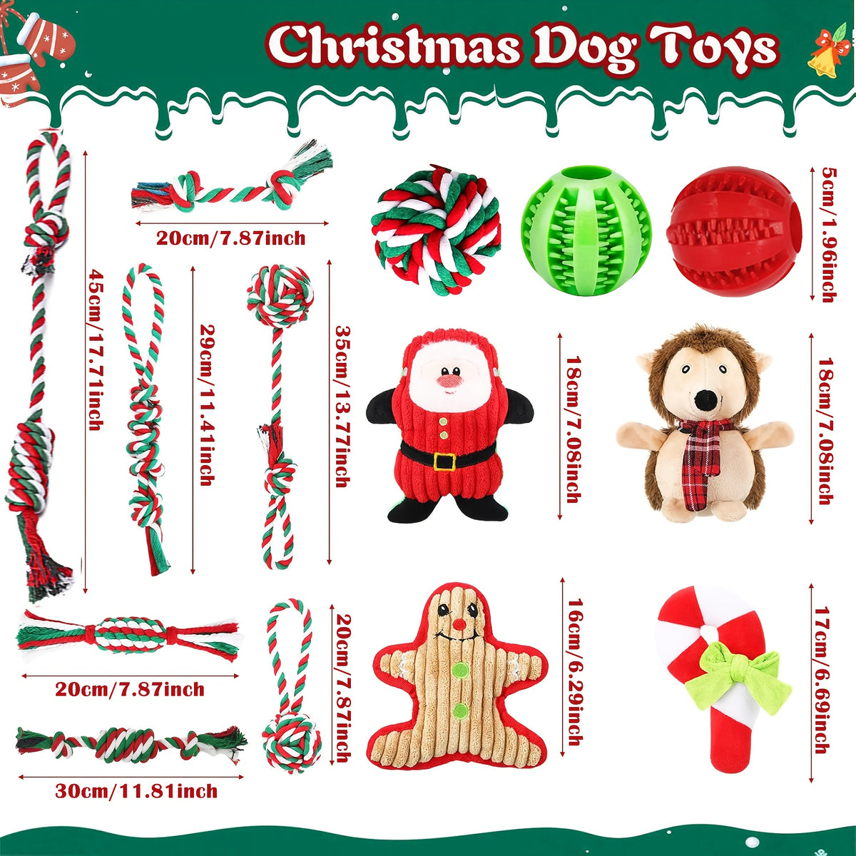Christmas Dog Toy Assortment, Random 3, 5, 8 or 12 Piece Puppy Chew and Squeaky Toy Mix for Small to Medium Dogs, Holiday Gifts and Supervised Play