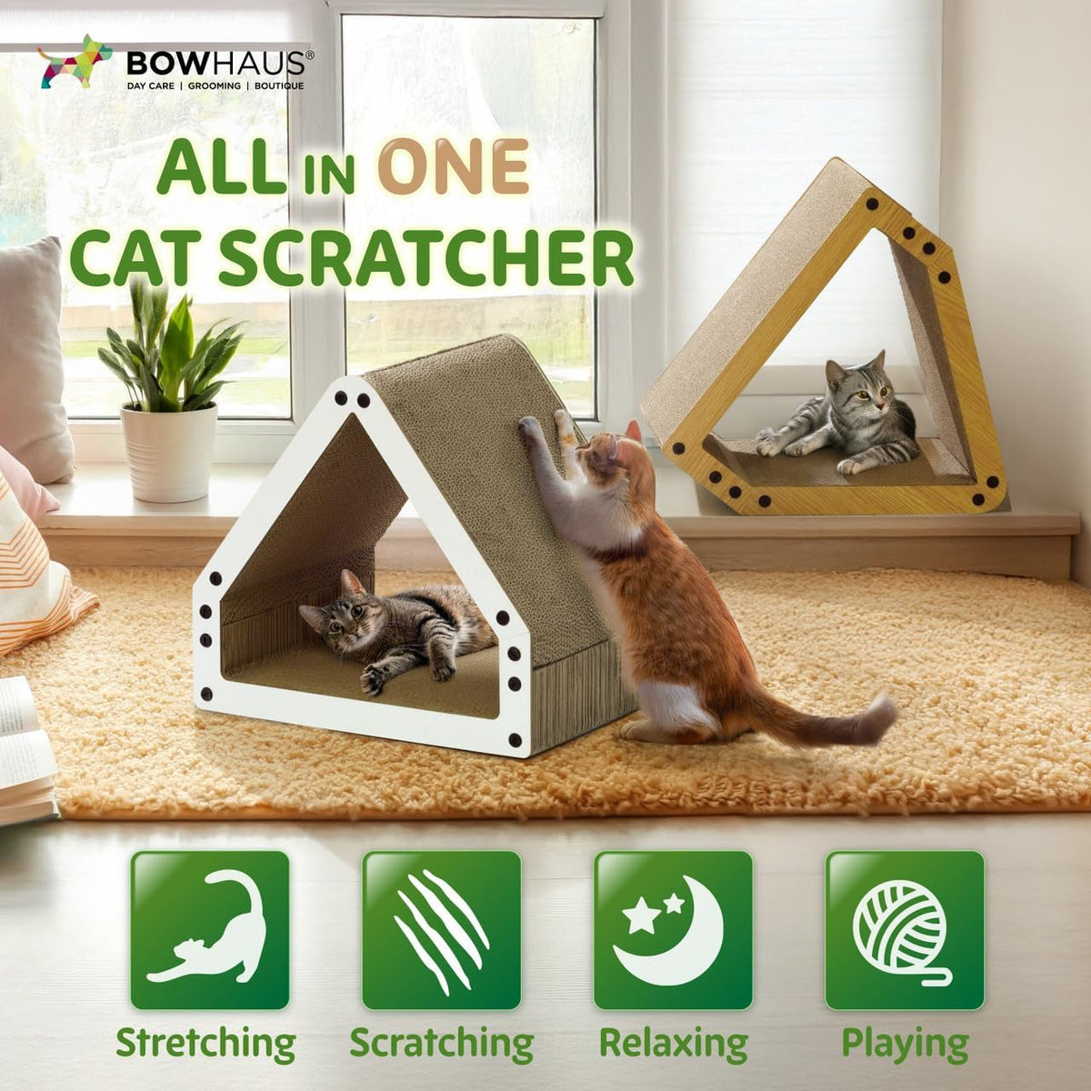 House Cat Scratcher Lounger, Reversible Five-Layer Cardboard Scratching Bed for Indoor Cats, 16.1 x 14.6 x 12 Inches in Brown or White