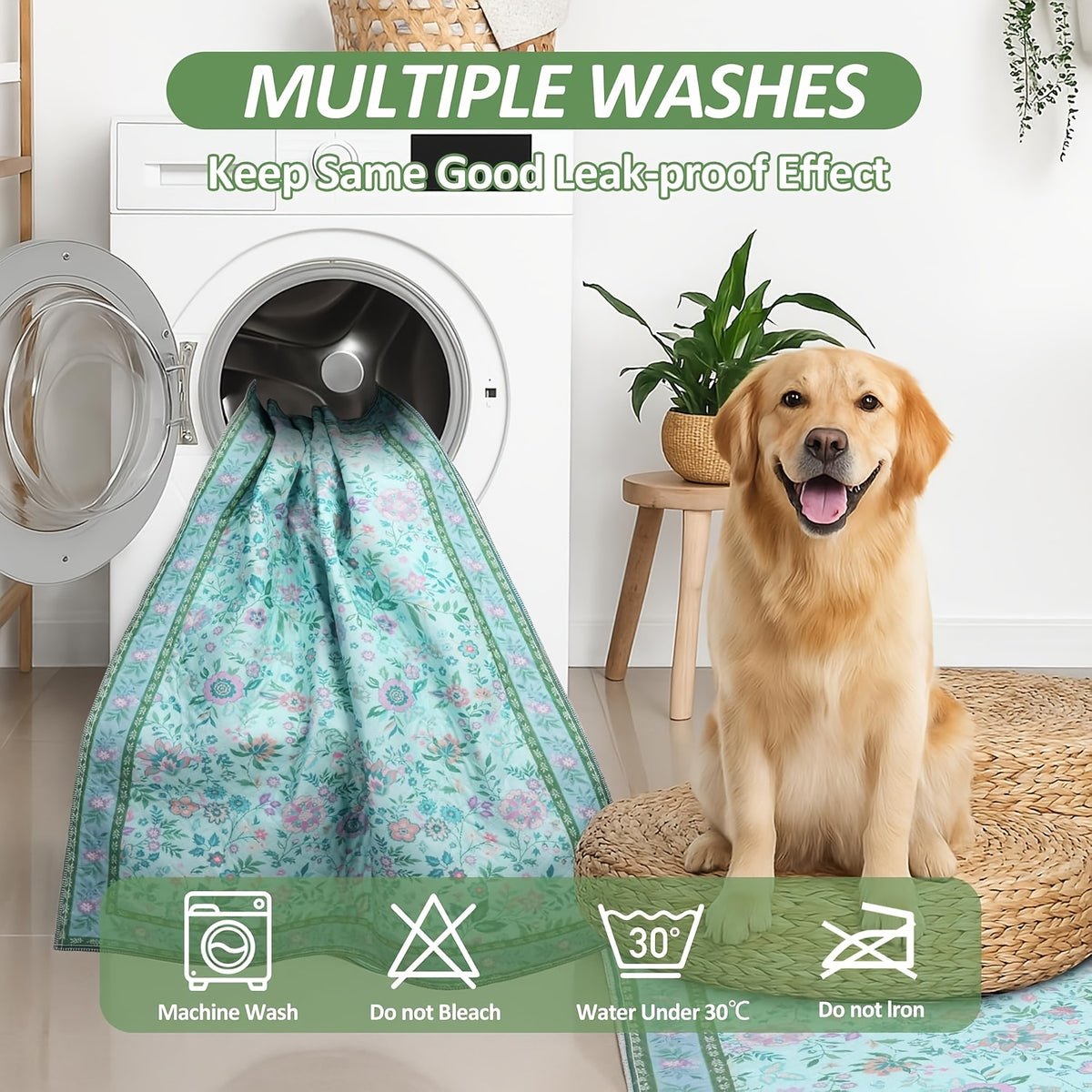 Washable Dog Pee Pads with Floral Print, 2 Pack Reusable Non-Slip Leakproof Puppy Potty Training Mats for Crates and Floors in Three Sizes