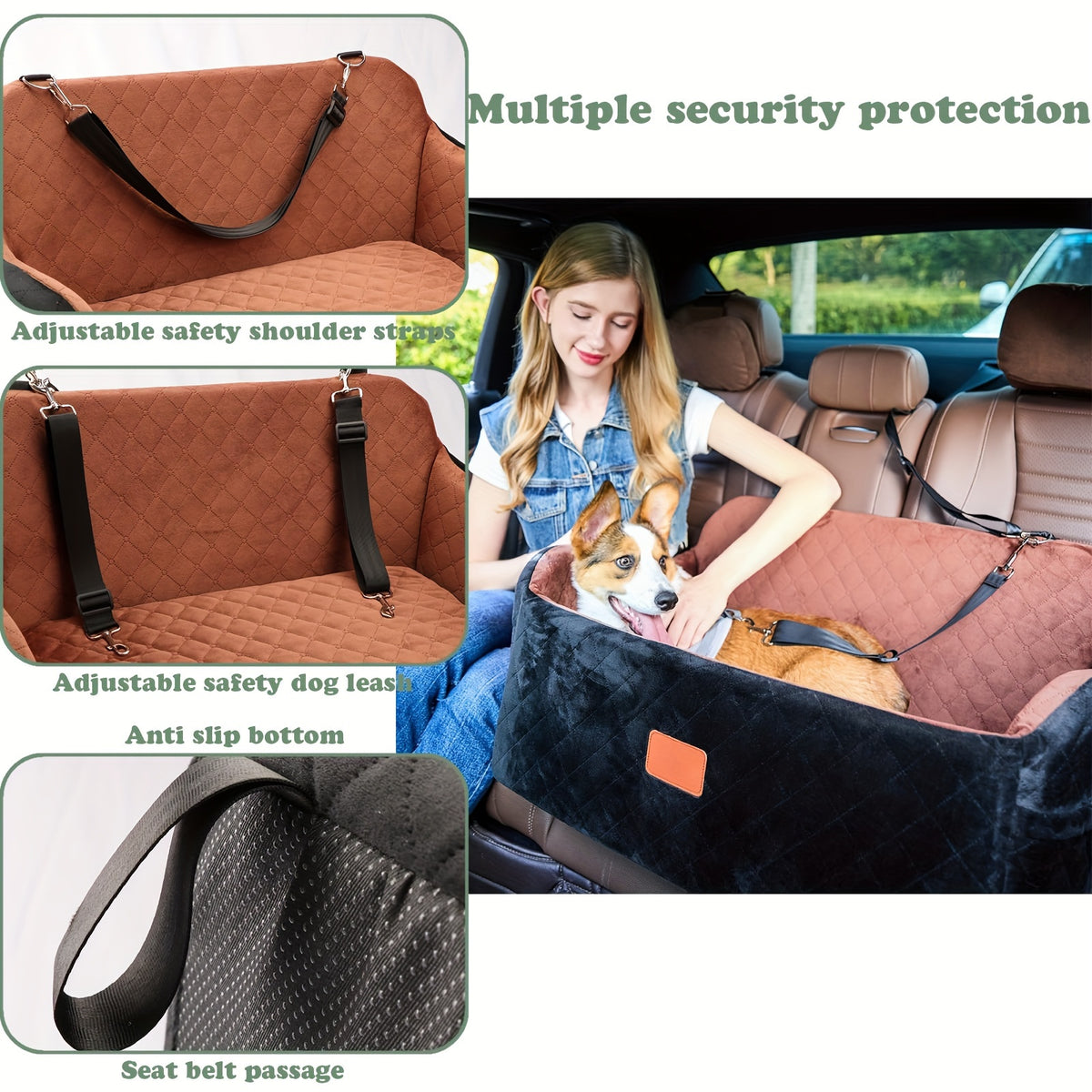 Memory Foam Dog Car Seat with 26 x 15 Inch Interior, Washable Travel Bed with Non-Slip Bottom, Headrest Strap and Tether for Medium Dogs