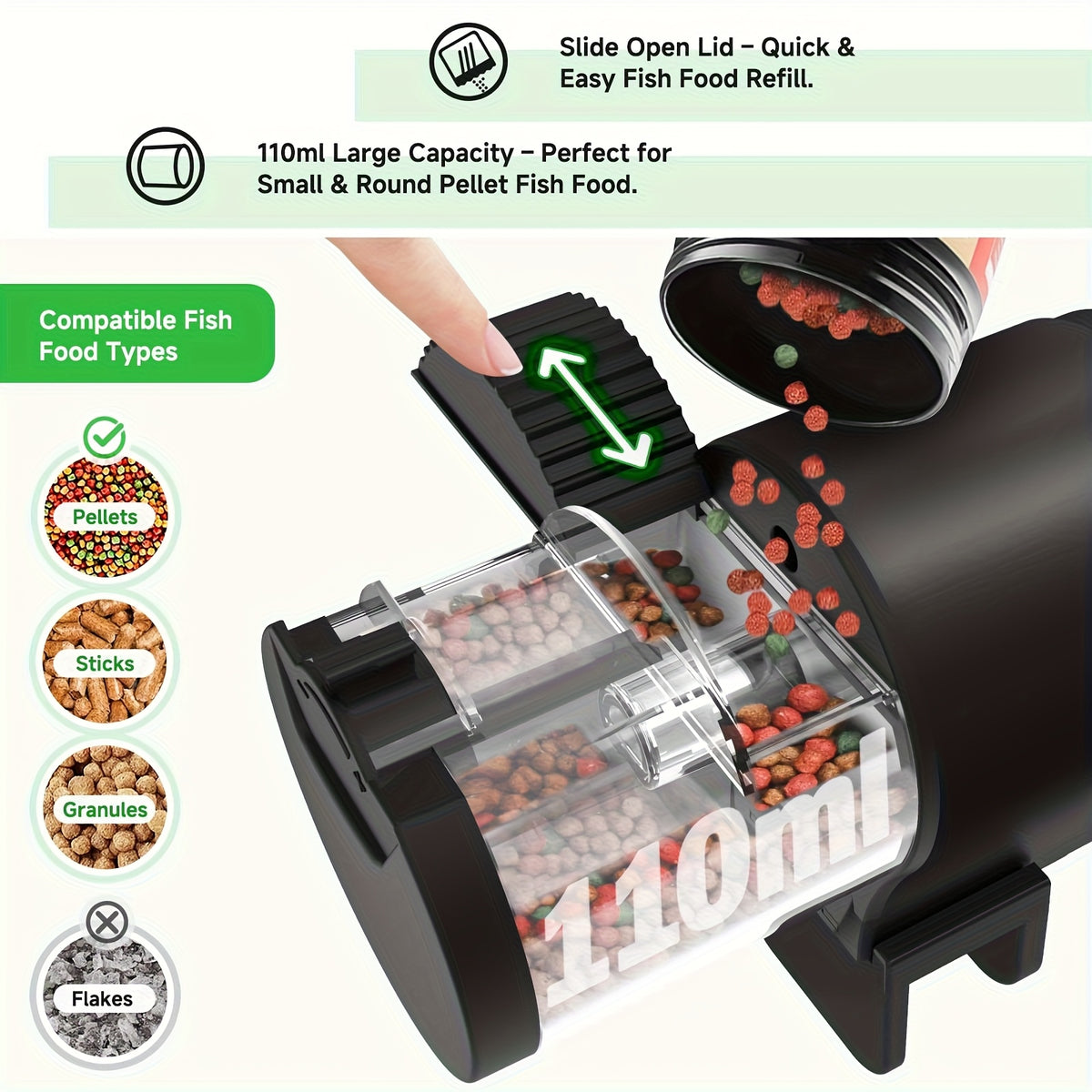 Timed Aquarium Fish Feeder 110 mL, Automatic Food Dispenser with 12H 24H 48H Intervals, Manual Feeding Button and Tank Clamp, Battery Powered in Black